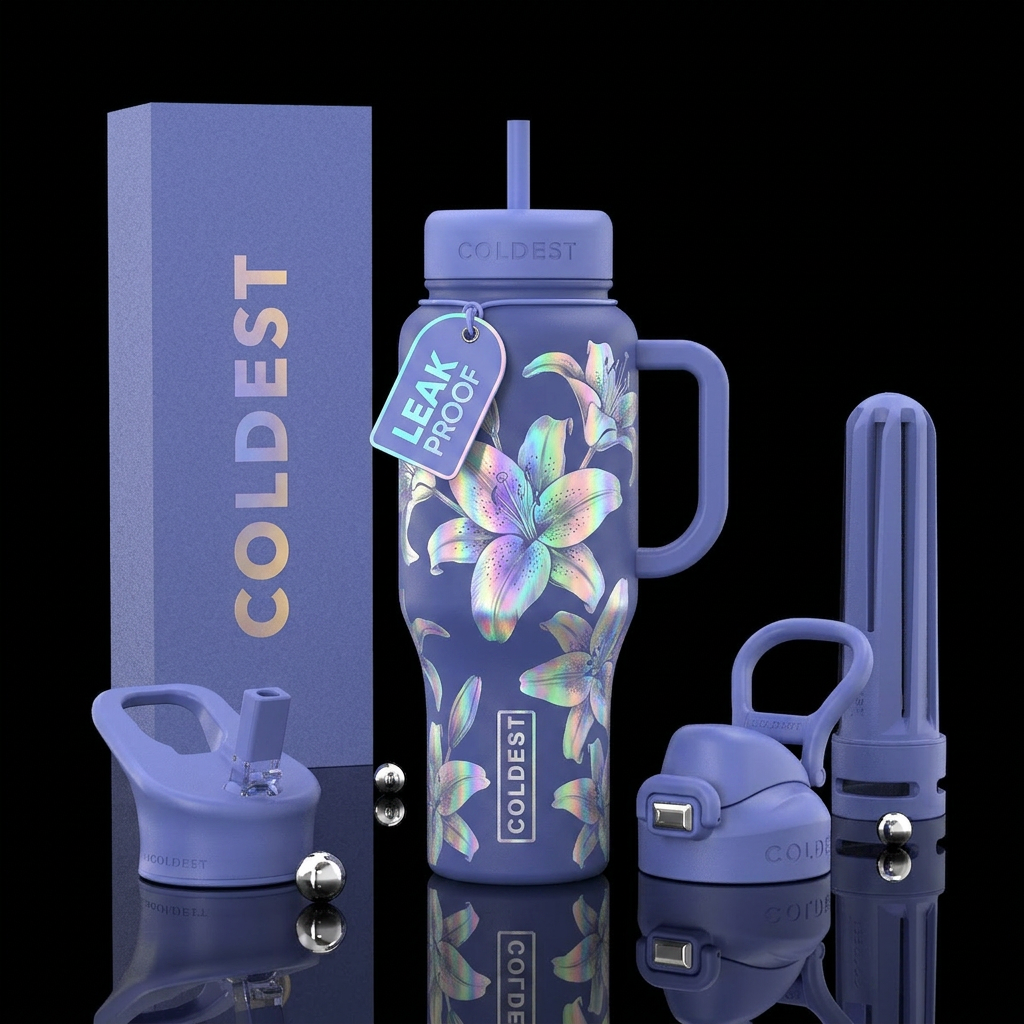 Large holographic stargazer lilies on a periwinkle... water bottle design