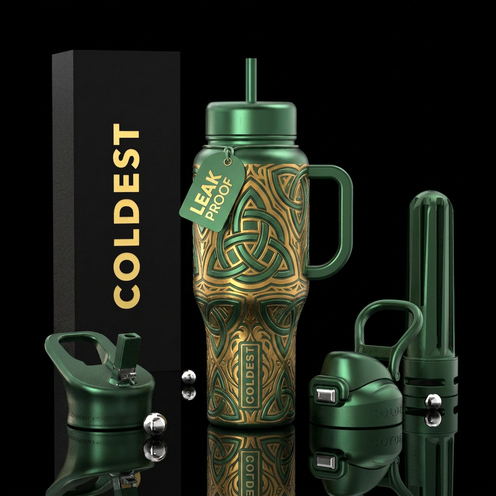 Trinity knot in 3D metallic hunter green on Gold water bottle design