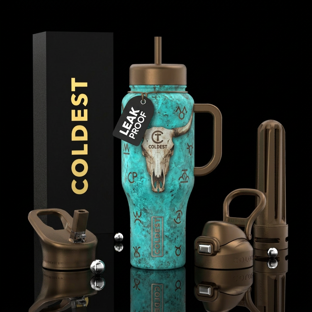 Longhorn skull eith turquoise background and a cat... water bottle design