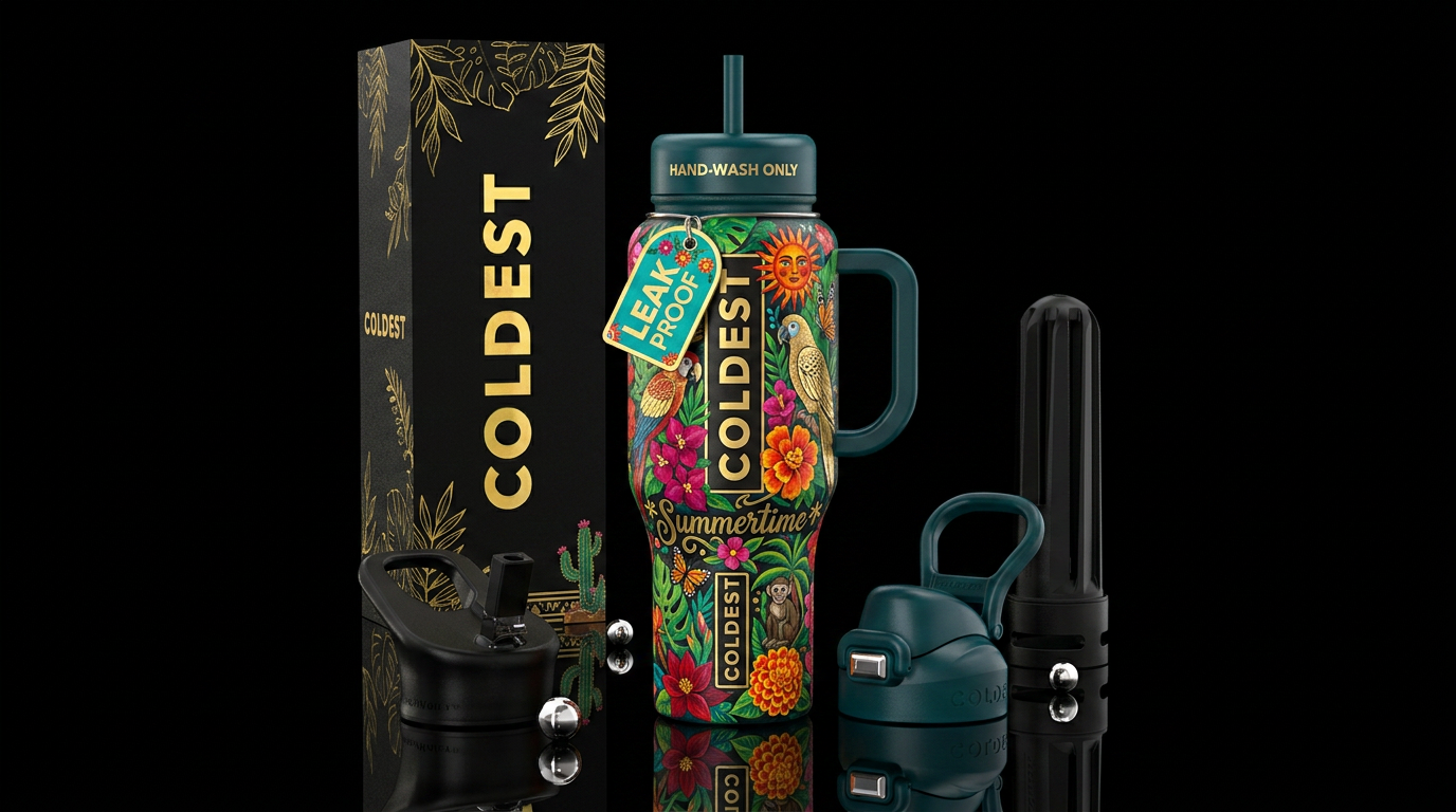 Summertime in the style of Frida Kalo water bottle design