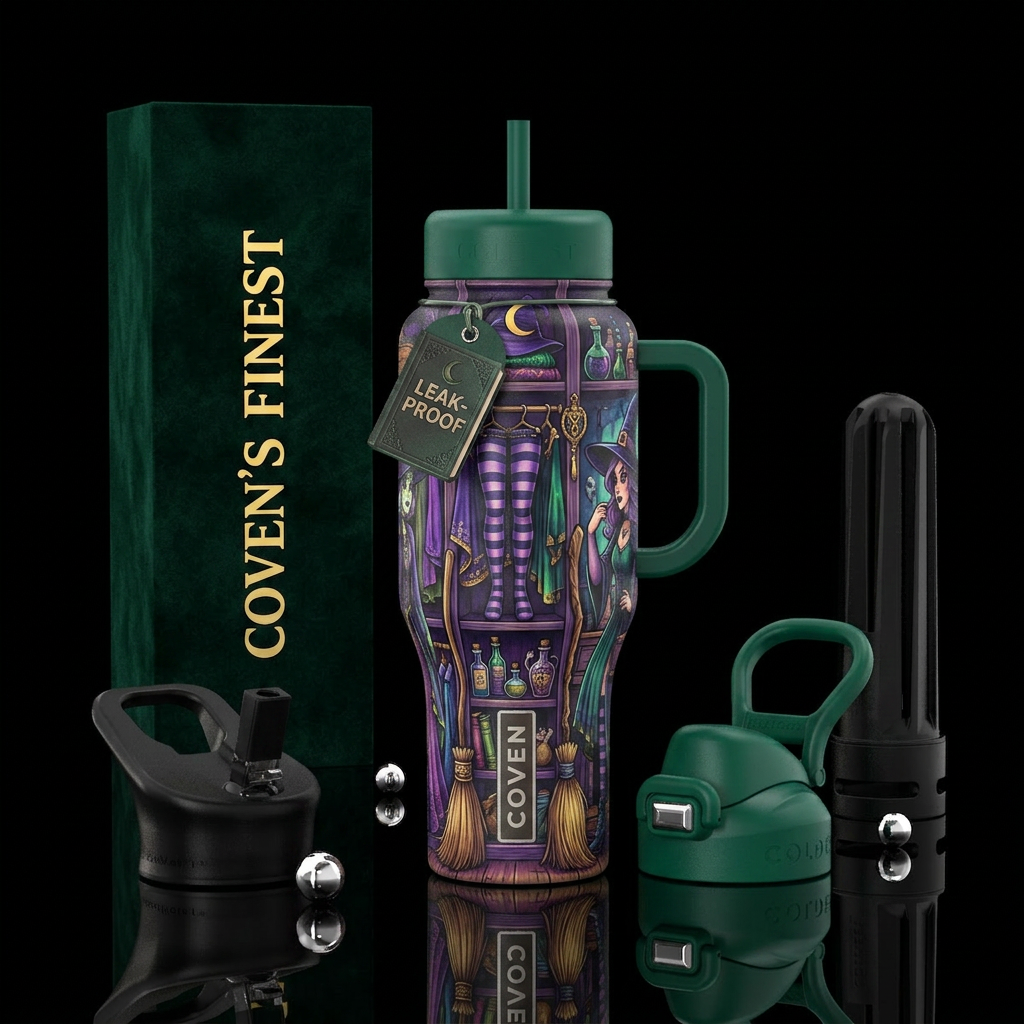 Witch’s walk-in closet with witchy clothes, stripe... water bottle design