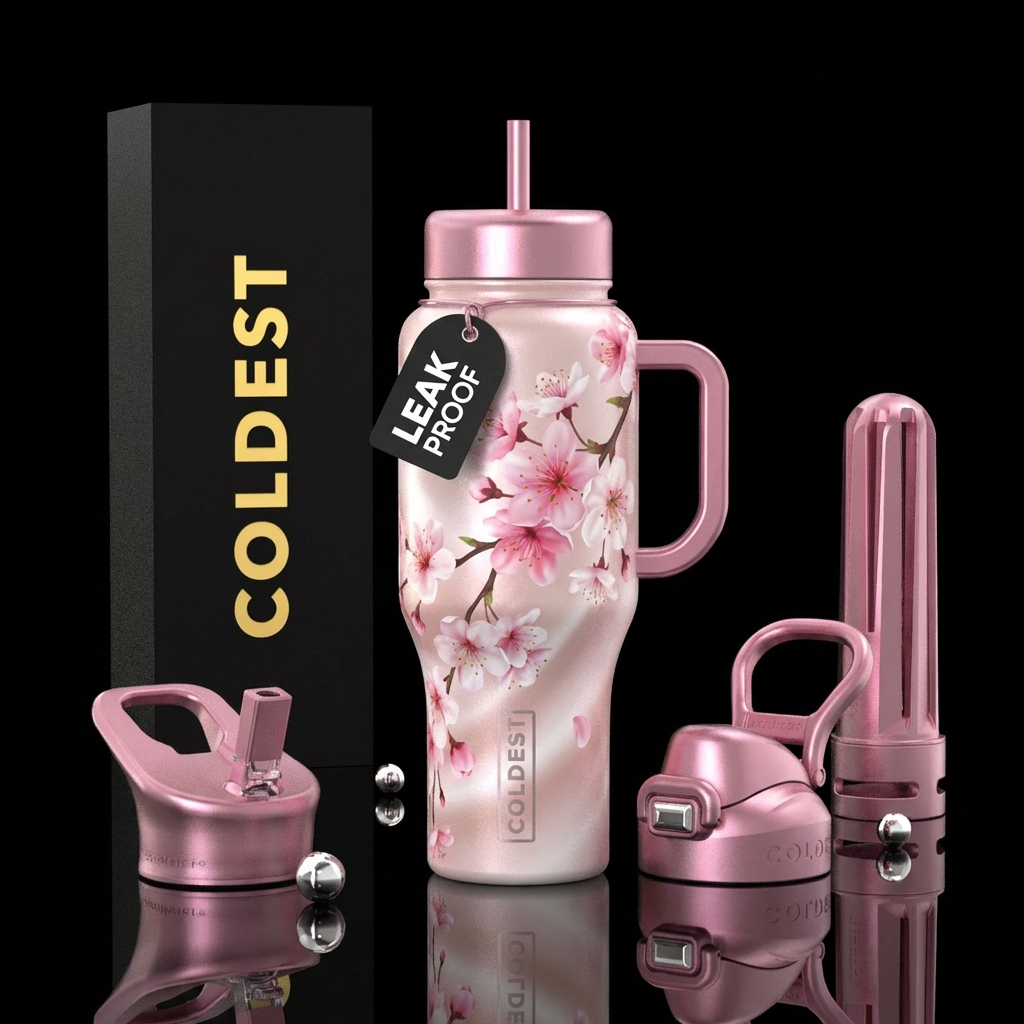 realistic cherry blossoms on a pale pink pearl bac... water bottle design