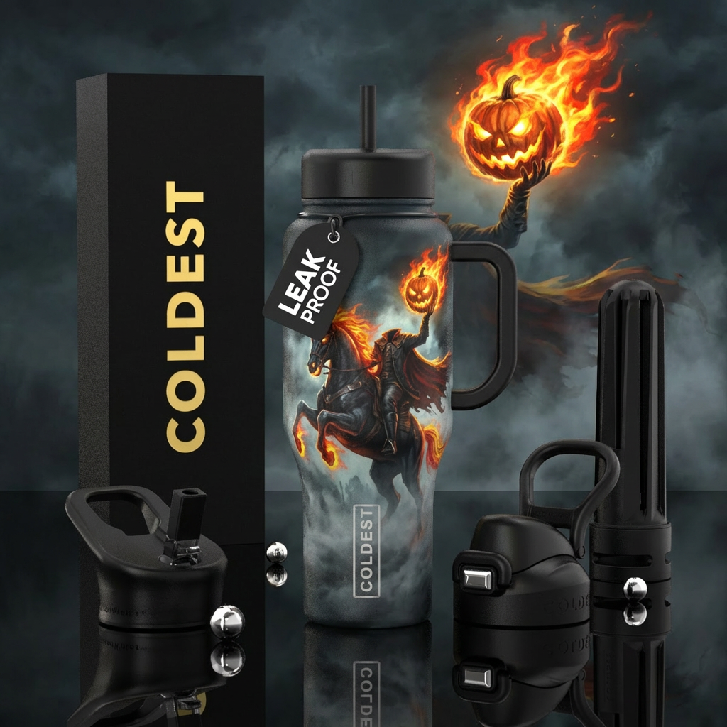 Headless horseman with glowing flaming head on a b... water bottle design
