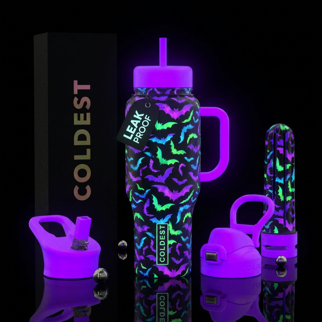 Black cups with lots of glowie purple green and bl... water bottle design