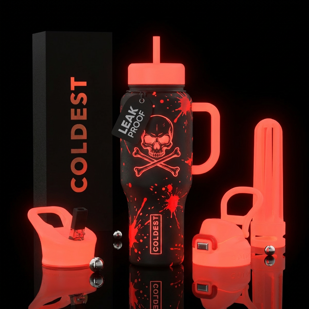 creepy scull and crossbone symbol on a black cup w... water bottle design