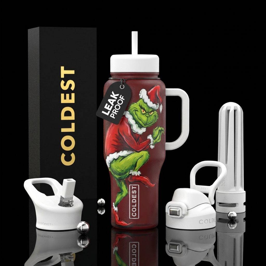 the grinch creeping on a dark red cup with white h... water bottle design