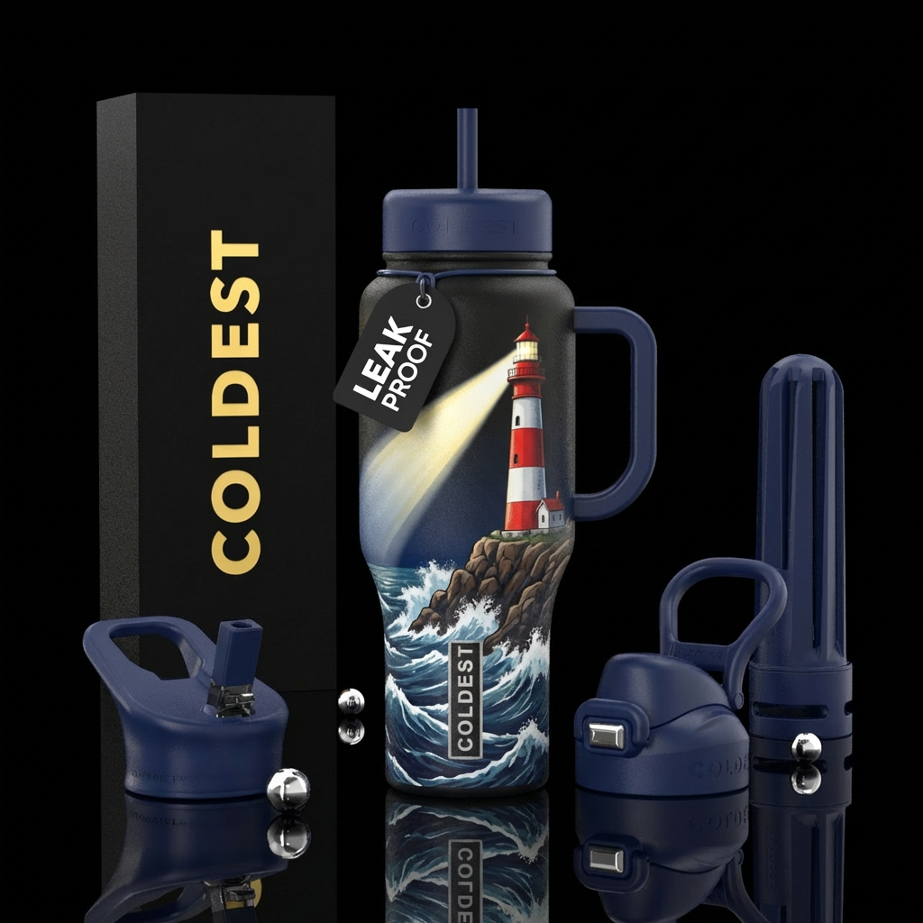 realistic red white and navy lighthouse sitting on... water bottle design