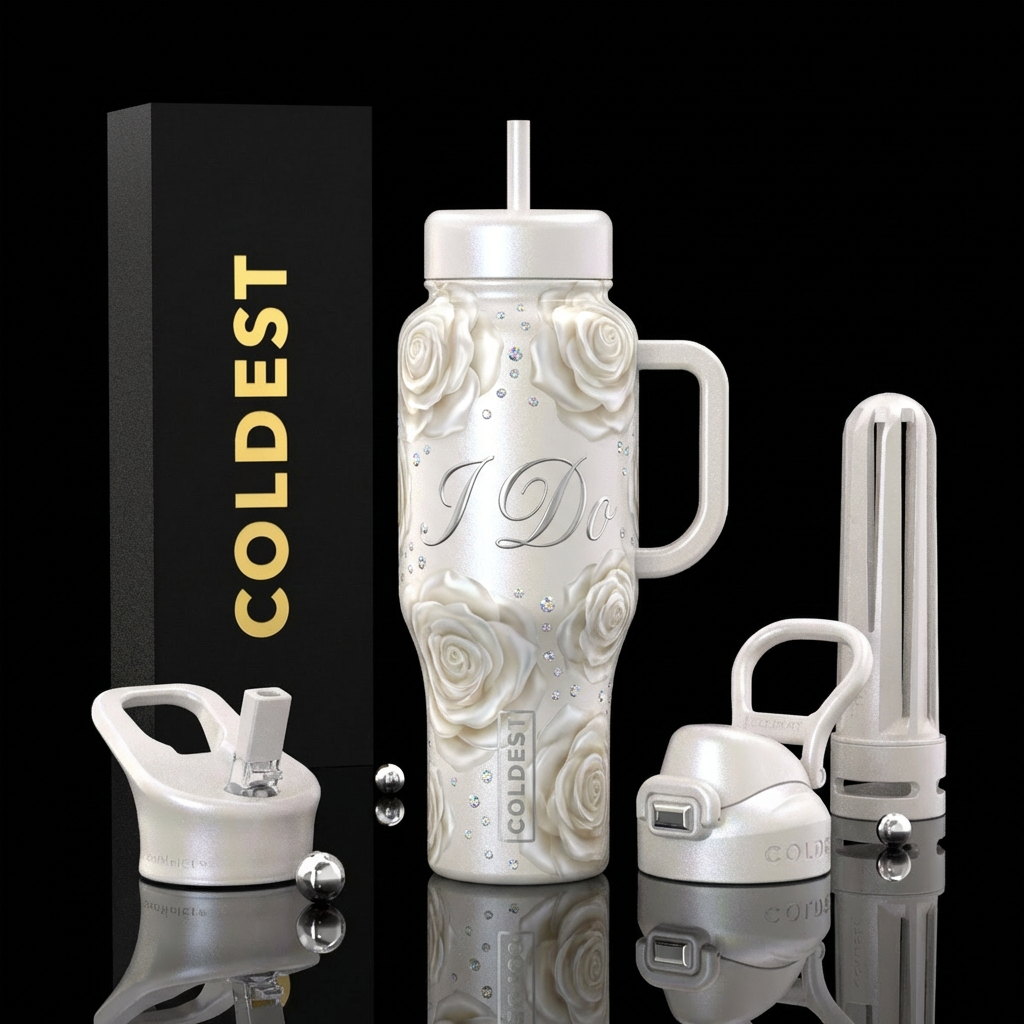 large realistic white pearlized roses covering the... water bottle design
