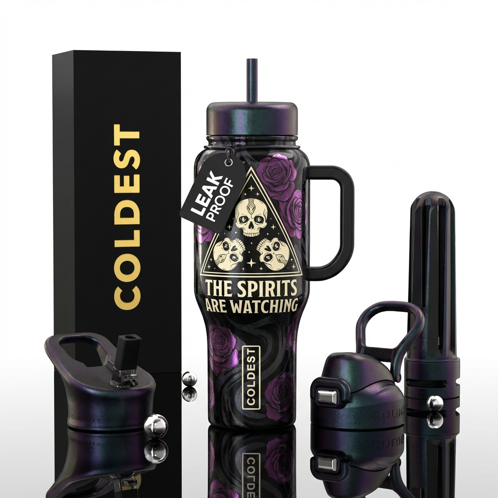 Black base with dark purple metallic roses and bla... water bottle design