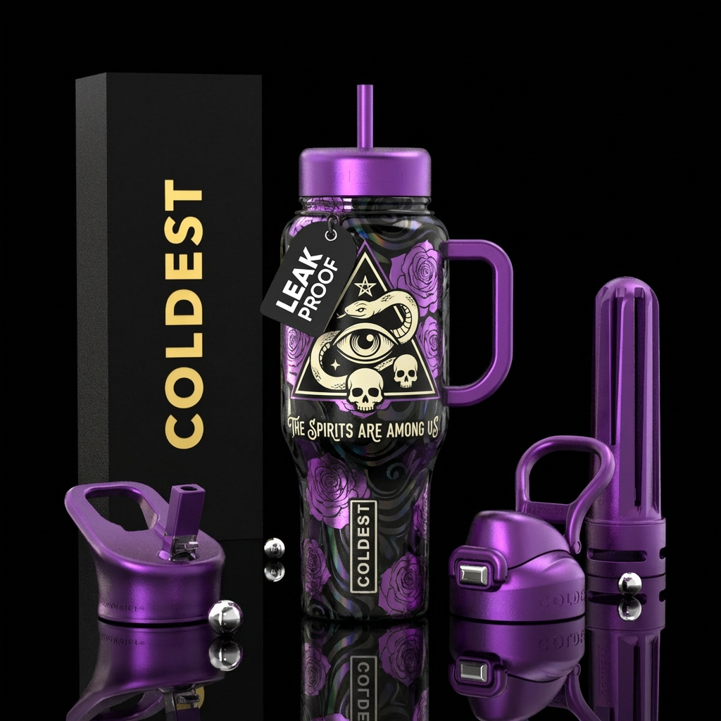 back base with metallic purple roses and black iri... water bottle design