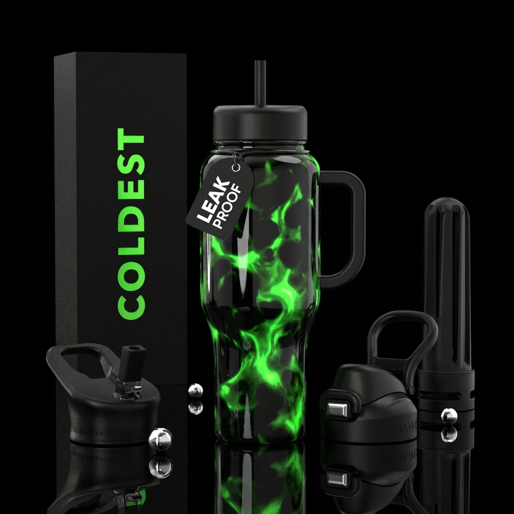 Black Glass with bright green shiny blotchy patter... water bottle design