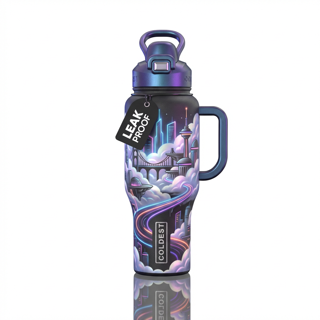 cloud city, minimalist, outsider art, graphite, mo... water bottle design