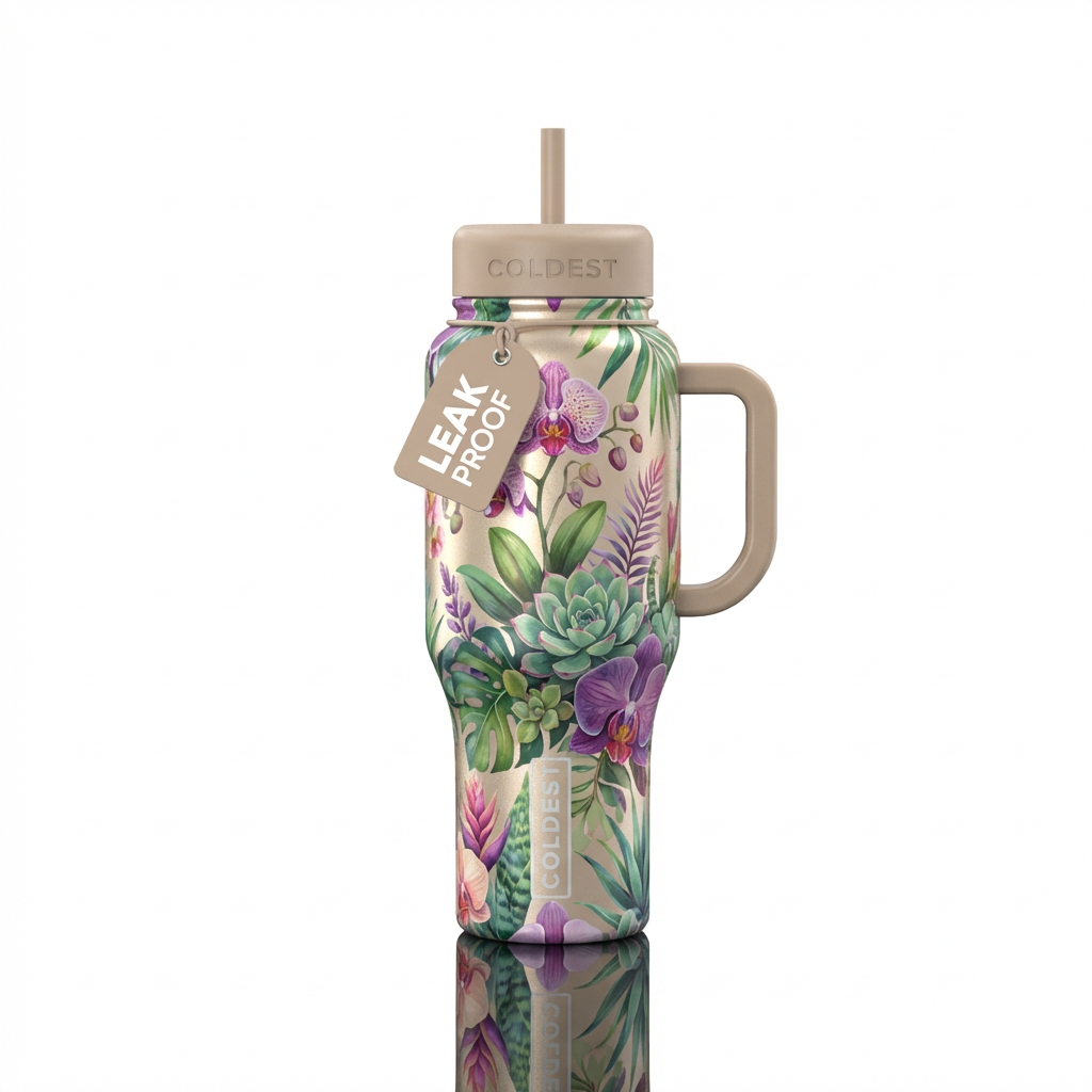 orchid, quartz, satin, exotic plants, succulent, b... water bottle design