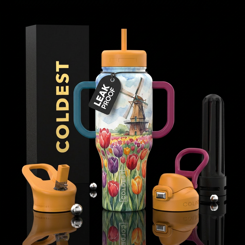 Tulip, windmill, extravagant, enchanting, watercol... water bottle design