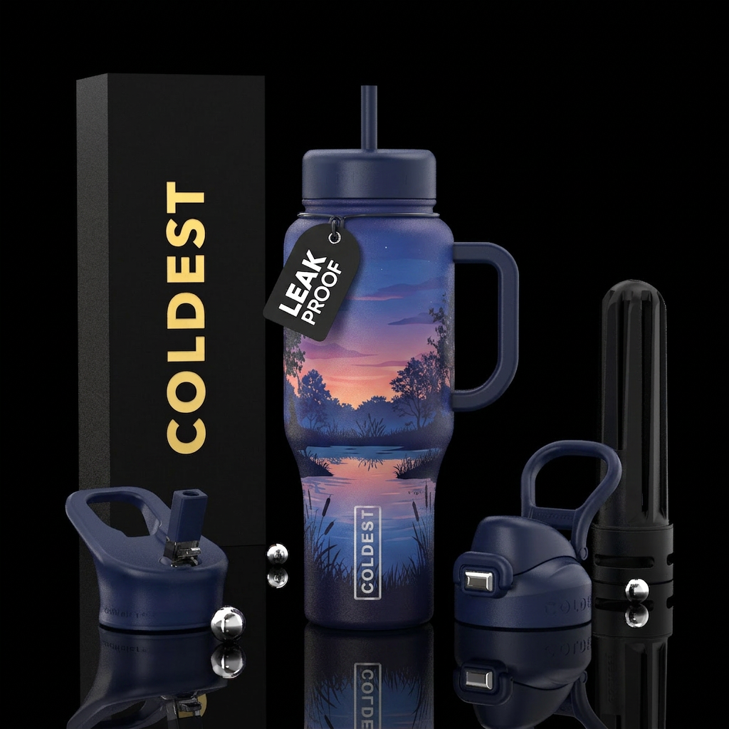 Pond, trees, tall grass,, soothing, twilight water bottle design