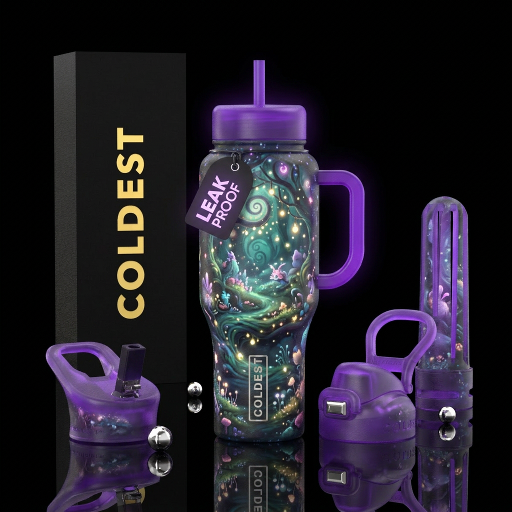 happy mood, whimsical, realism, magical, glowing water bottle design