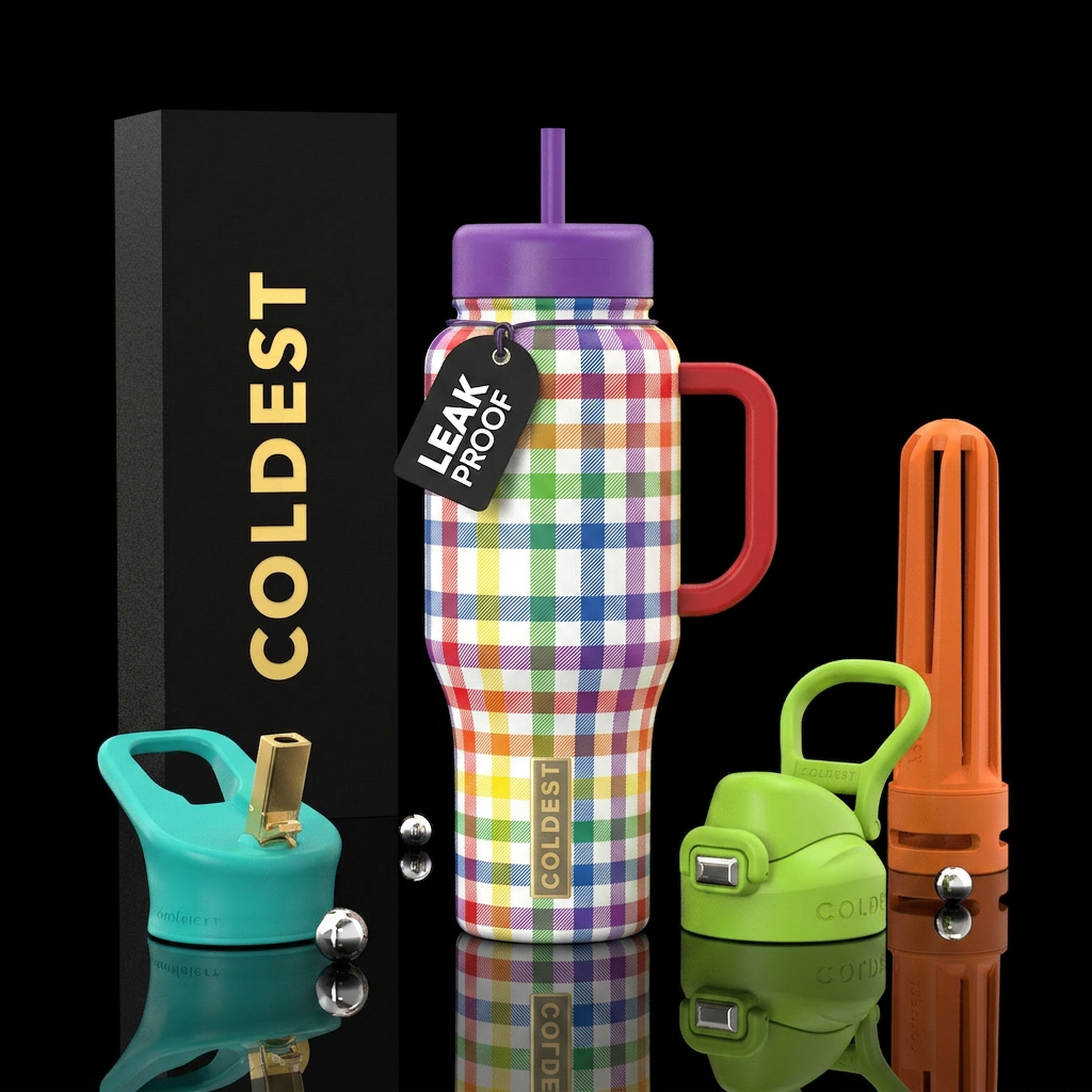 gingham, rainbow water bottle design