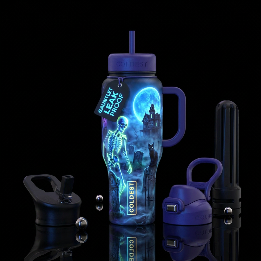 Glowie Skeleton, black cat, haunted house, cemeter... water bottle design