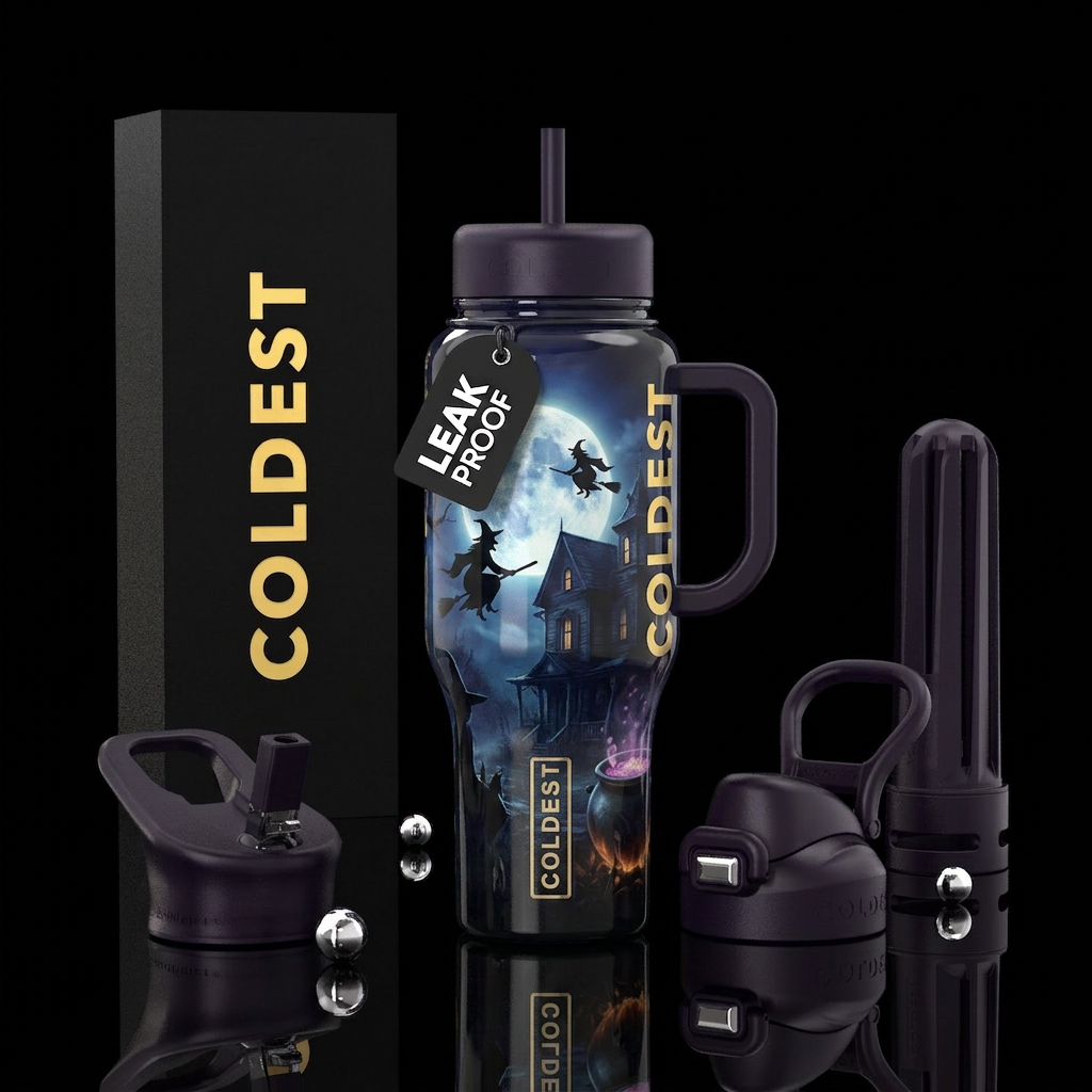 Witches, flying broomsticks, magical, cauldron, fu... water bottle design