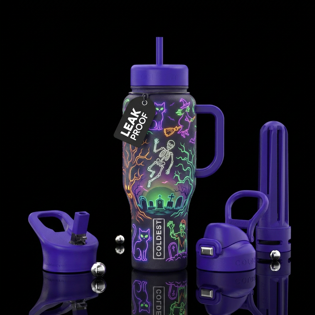 Neon Glowie, black cats, witches, floating skeleto... water bottle design