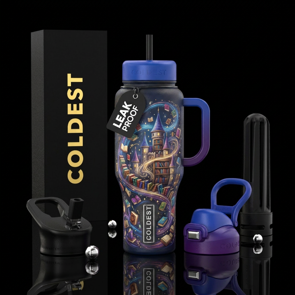Books floating, whimsical, library, castle, spellb... water bottle design