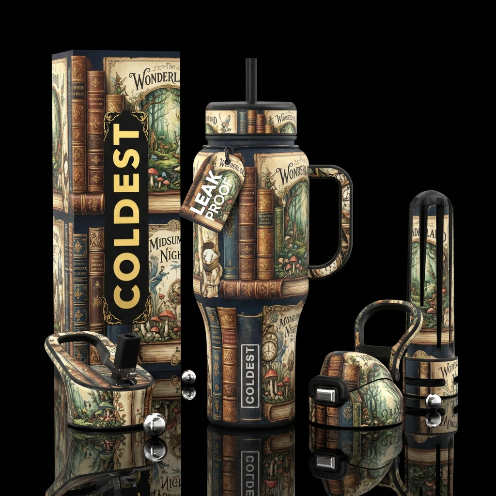 Books stacks, books, wonderland, midsummer, delica... water bottle design