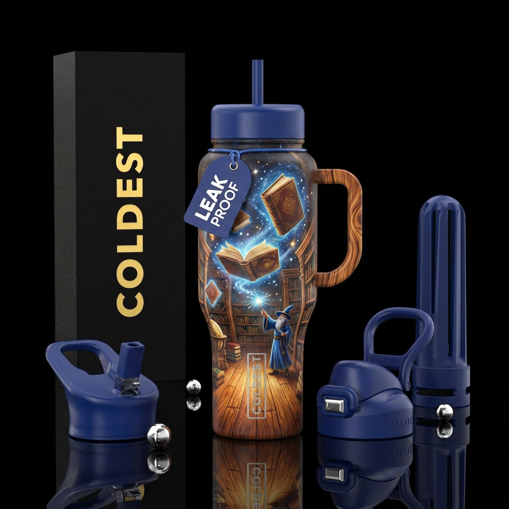 Books floating, magical library, wizard, wood grai... water bottle design