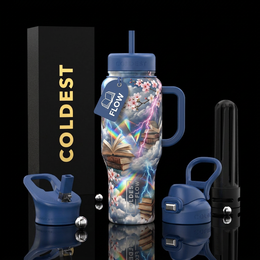 cloud, Books, cherry blossom, prism, lightning, water bottle design
