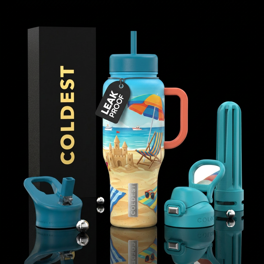 Sand Castle, beach chair, umbrella, boats, towel, ... water bottle design