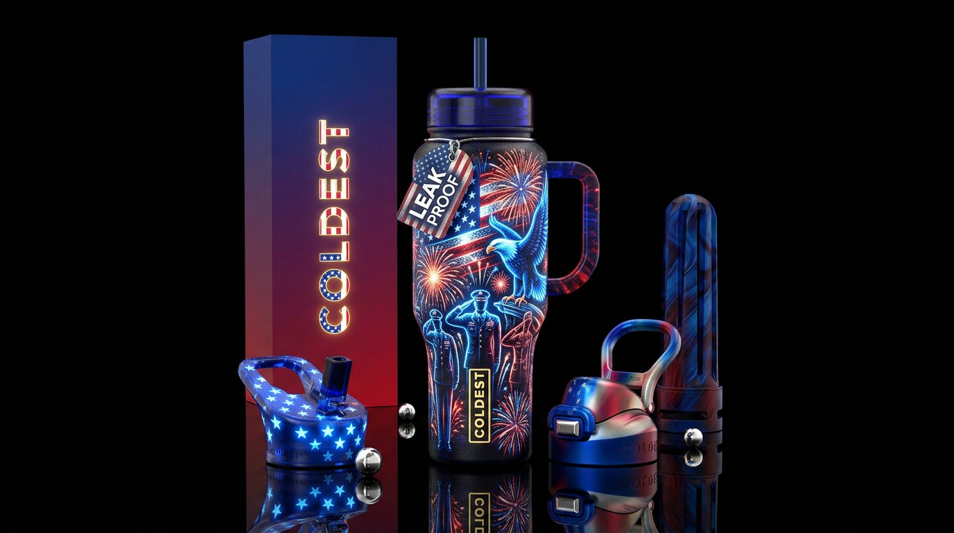Fireworks, flag, eagle, heros salute at attention,... water bottle design