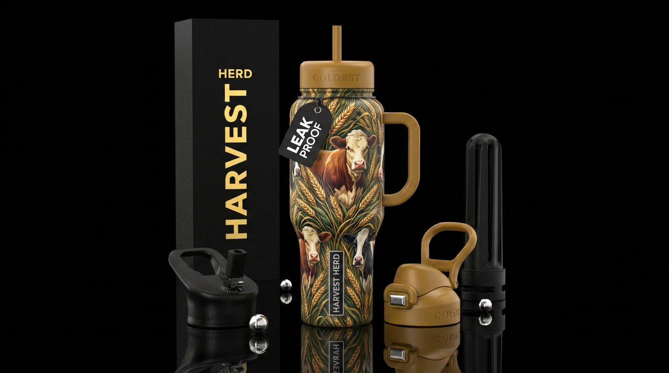 Wheat, mini cows water bottle design