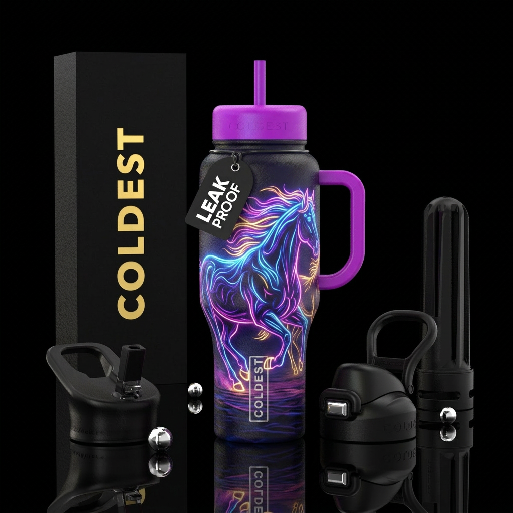 Neon wild horses water bottle design