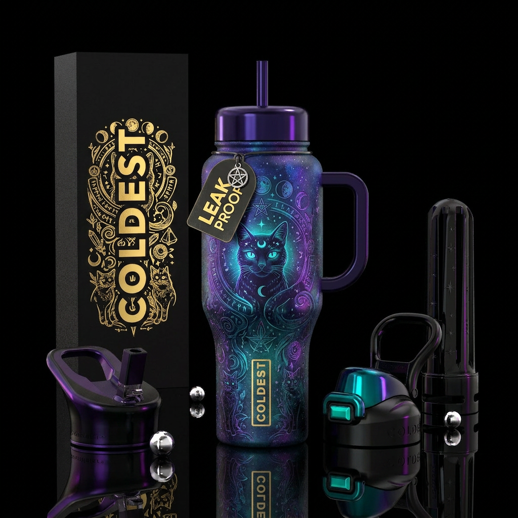 magic, cat, dark mood pagan water bottle design