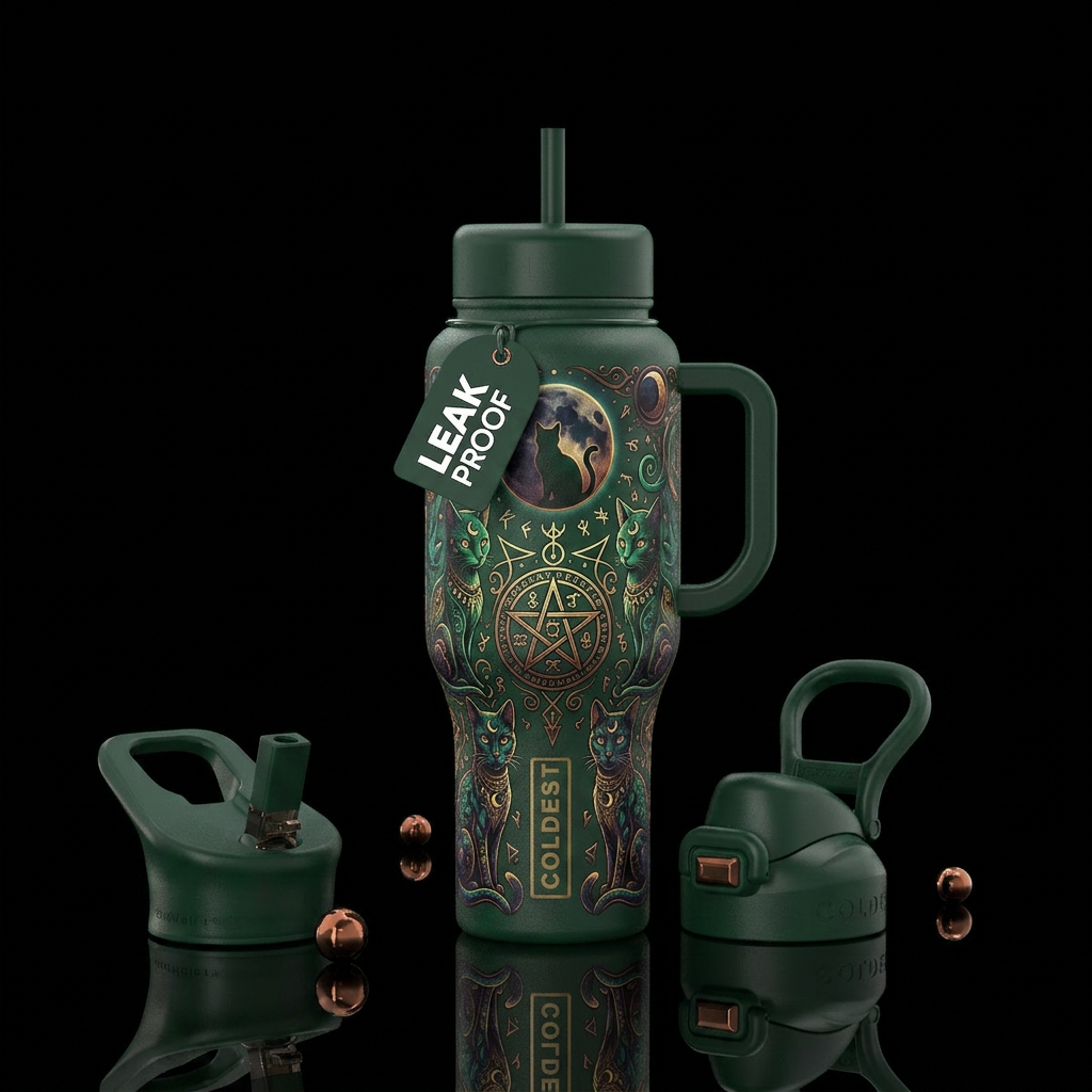 magic, cat, dark mood pagan water bottle design