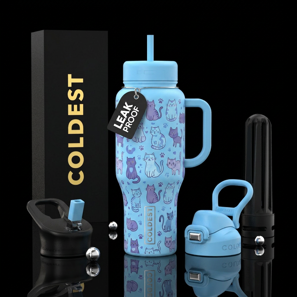 cats, purple, light blue water bottle design