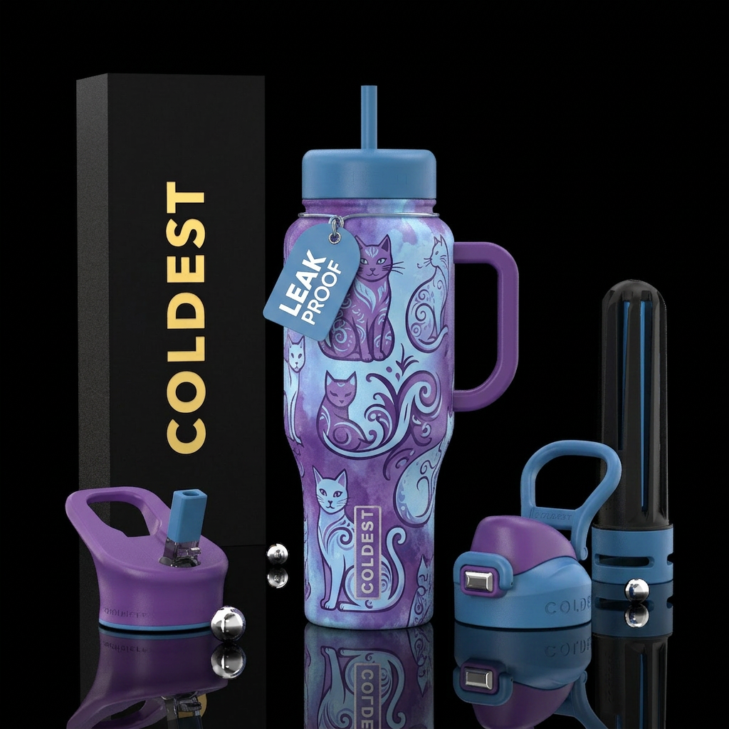 cats, purple, light blue water bottle design