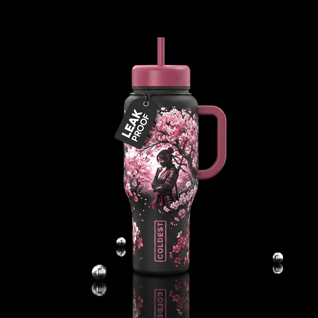 Cherry blossom tree, female ninja underneath, water bottle design