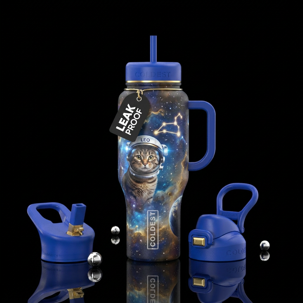 Tabby cat in an astronaut helmet in outer space ne... water bottle design