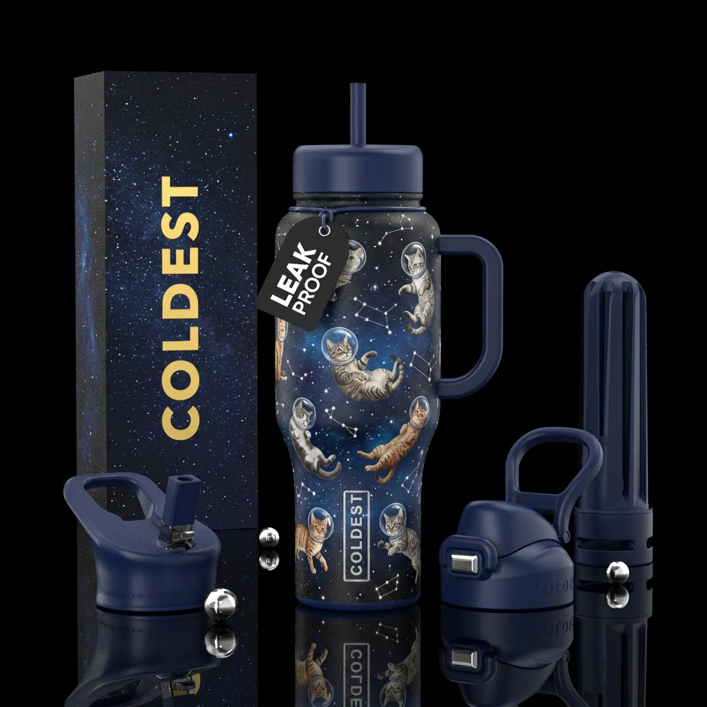 Let’s do a background of space showing stars and c... water bottle design