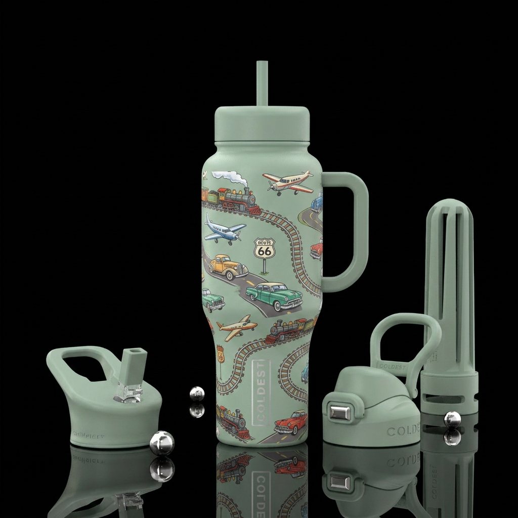 Let’s design a bottle with small trains, planes, a... water bottle design
