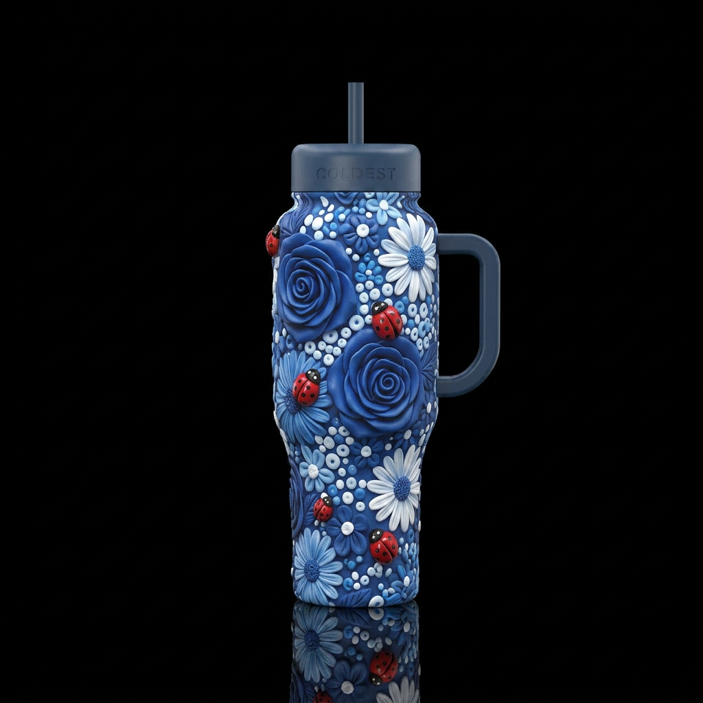 A seamless wrap design featuring deep blue sculpte... water bottle design