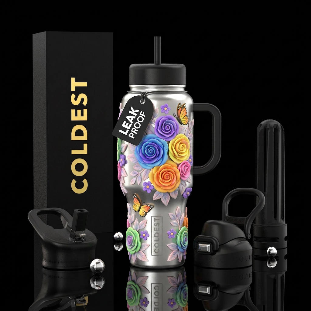 “A tall stainless steel water bottle wrapped in an... water bottle design