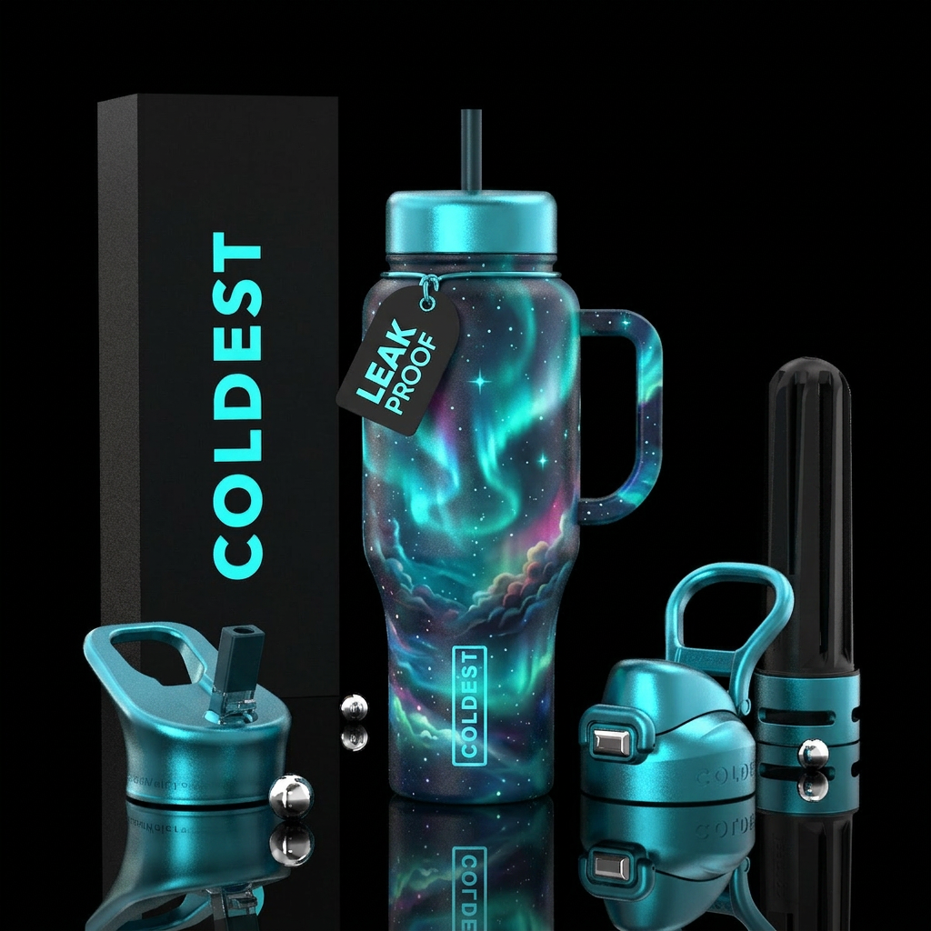 Northern lights, cyan, glowie, beautiul, vibrant, ... water bottle design