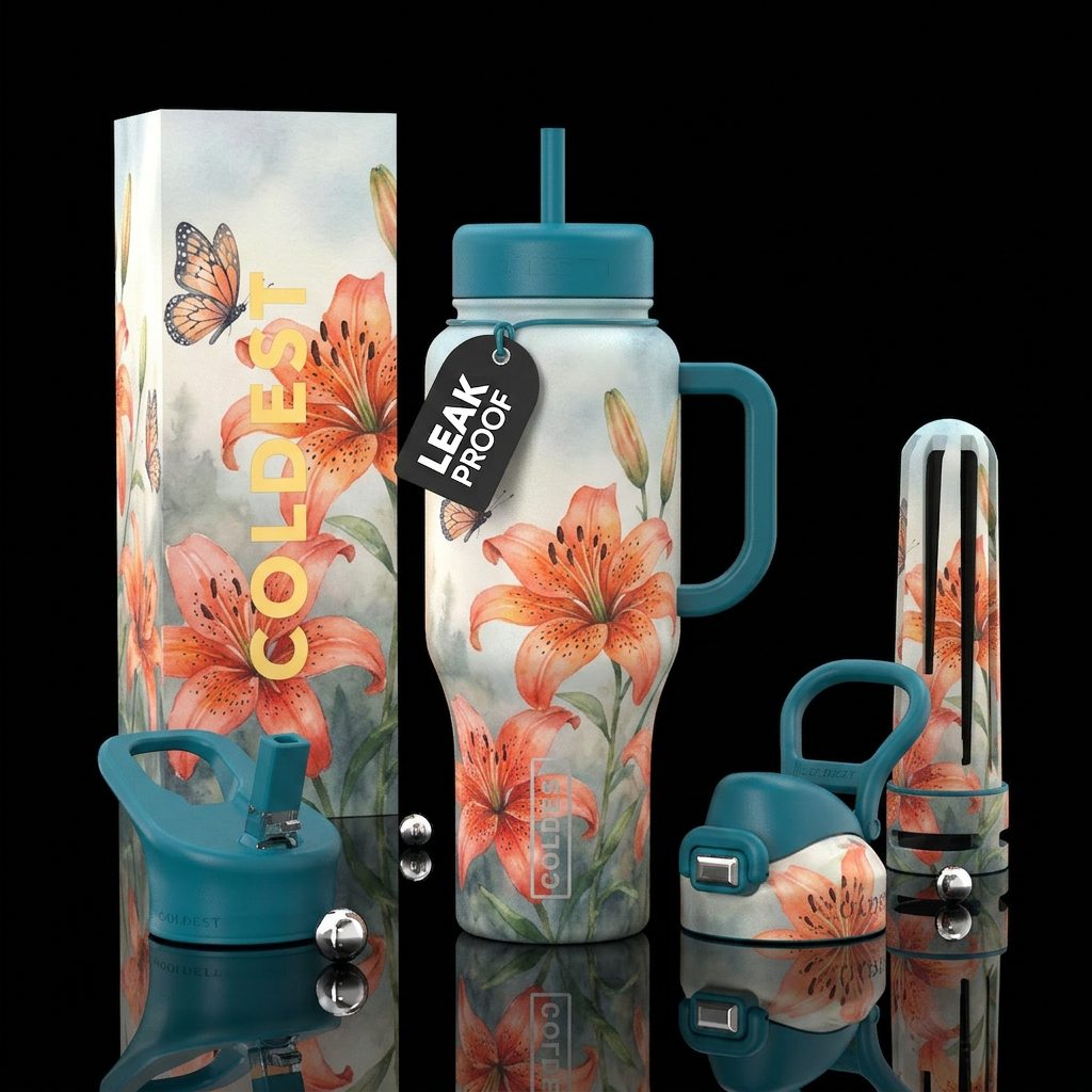 Tiger lillies, watercolor, foggy morning, shiny, w... water bottle design