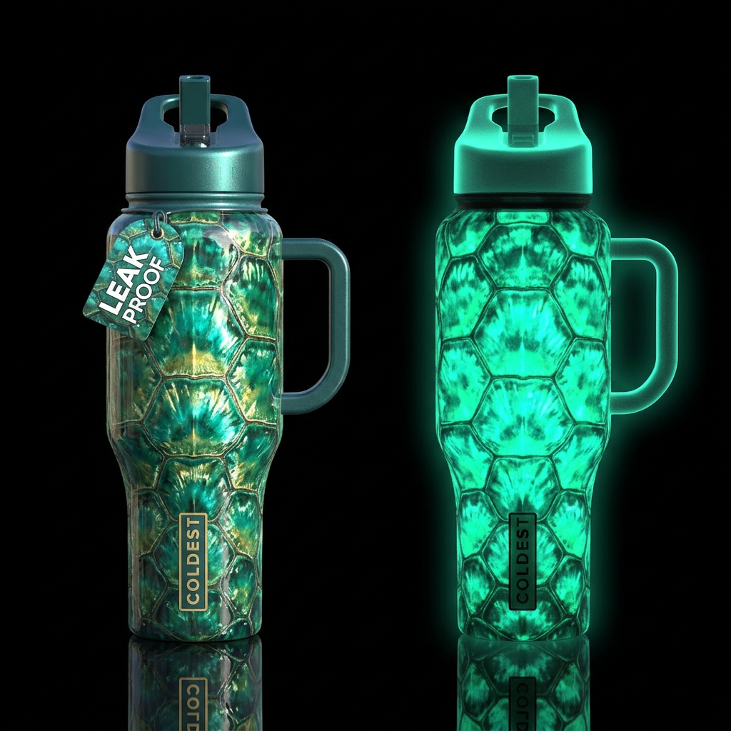 Sea turtle shell, glowie, shiny, vibrant, show bot... water bottle design