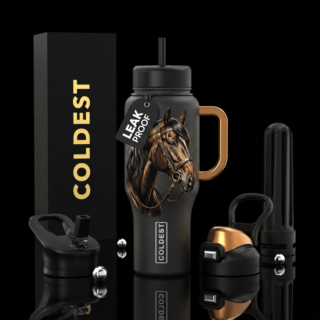 Clydesdale stallion horse head and neck, black bot... water bottle design