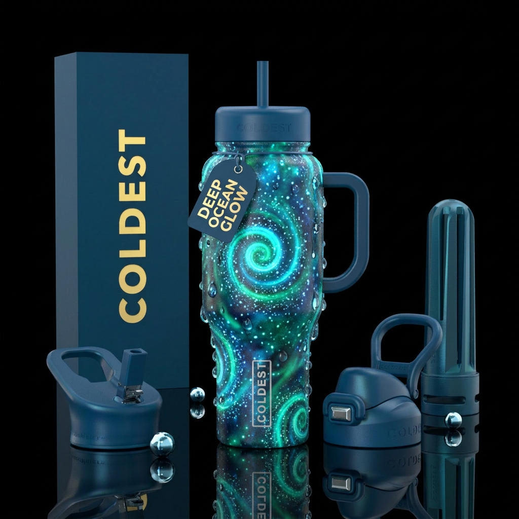 sparkly, glowie, ocean, dripping, spirals water bottle design