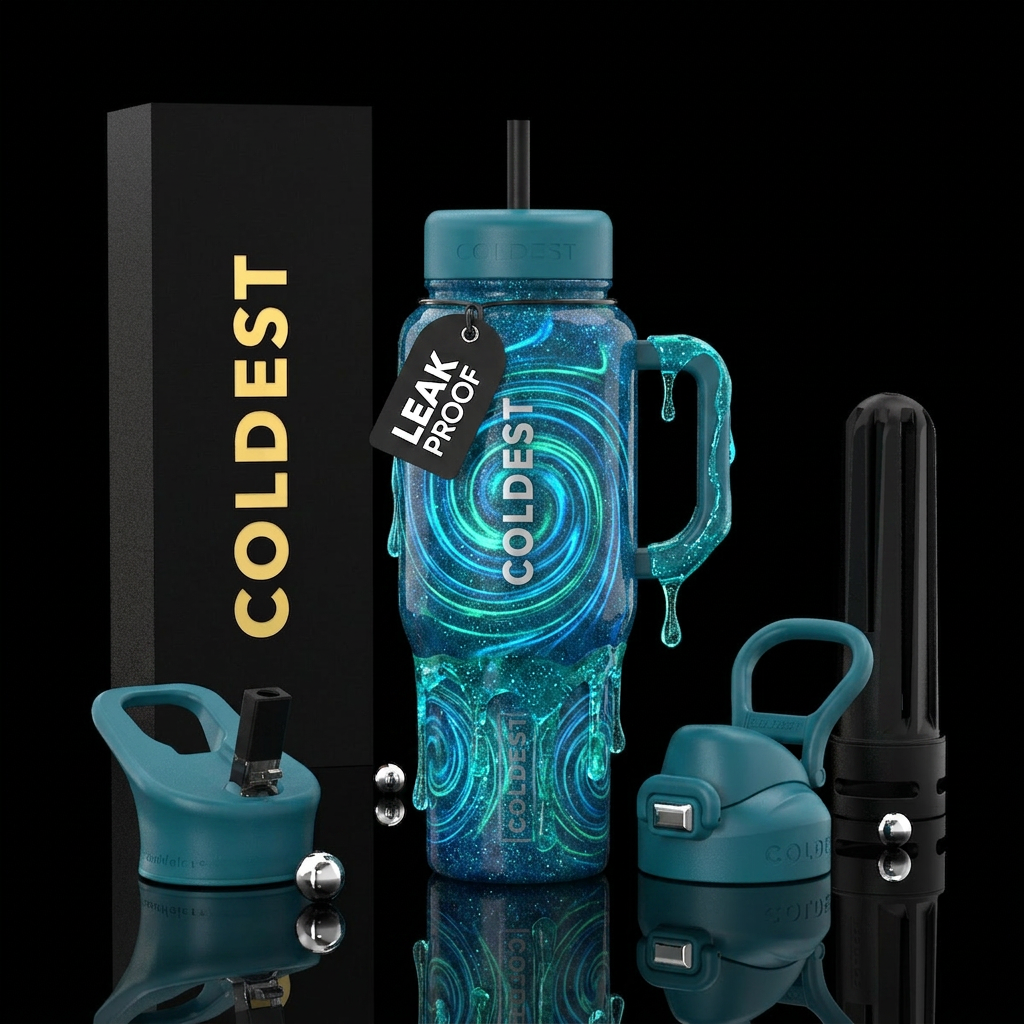 sparkly, glowie, ocean, dripping, spirals water bottle design