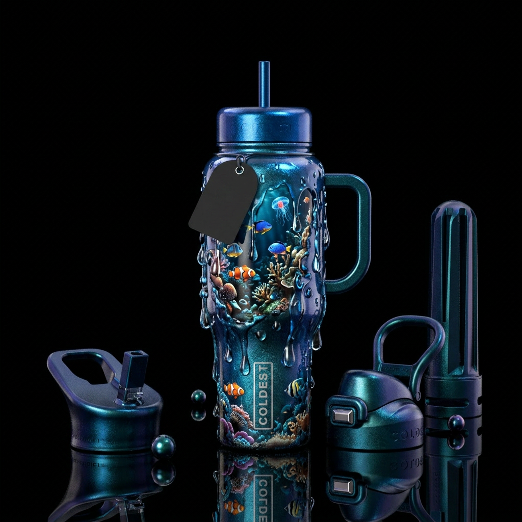 Dripping, Shiny, Ocean, fish, coral reef, glowie, water bottle design