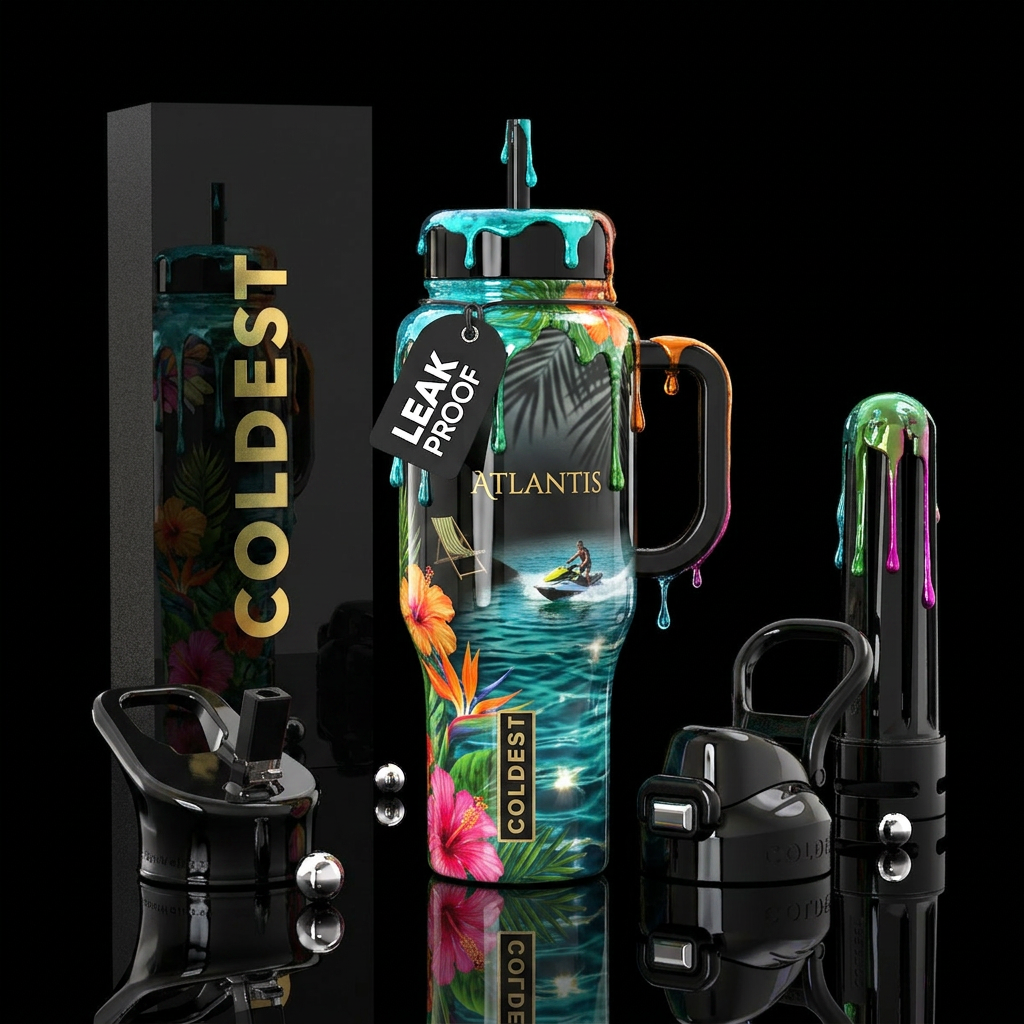 Summer, island, shiny, dripping, lawn chair,, atla... water bottle design